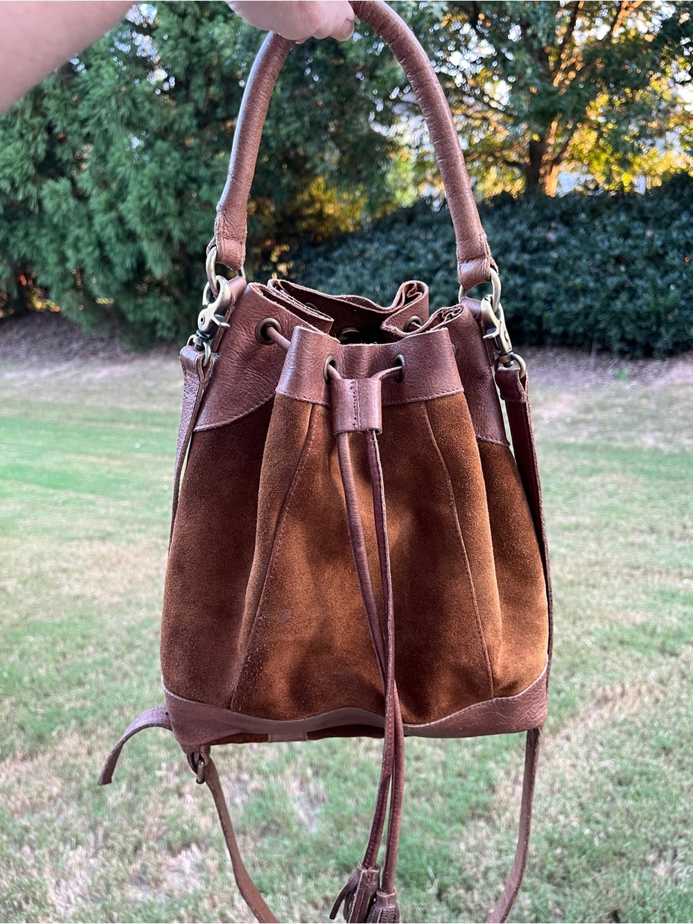 Anabaglish Leather/Suede Drawstring Bucket Hobo Bag in Brown